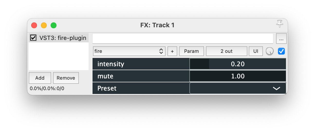 Über den RNBO-Export erzeugtes VST3-Plug-in mit generischem UI