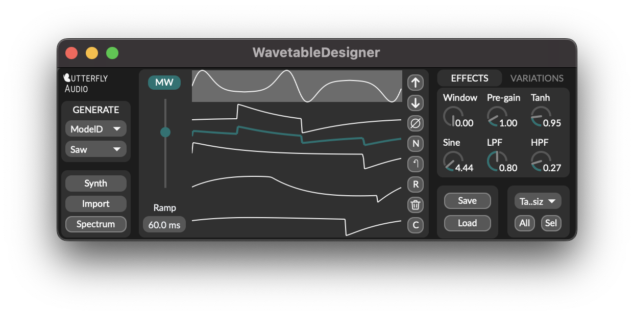 Wavetable Designer M4L-Device mit OpenGL basiertem UI-External und aliasing-freiem Wavetable-Morphing (mitte).